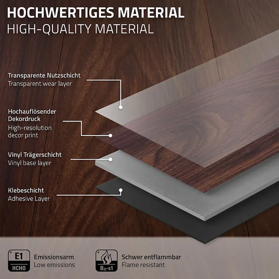 Ml-Design Revêtement de sol autocollant PVC 6,69m²/48 planches 91,5x15,3cm rouge-brun aspect noyer