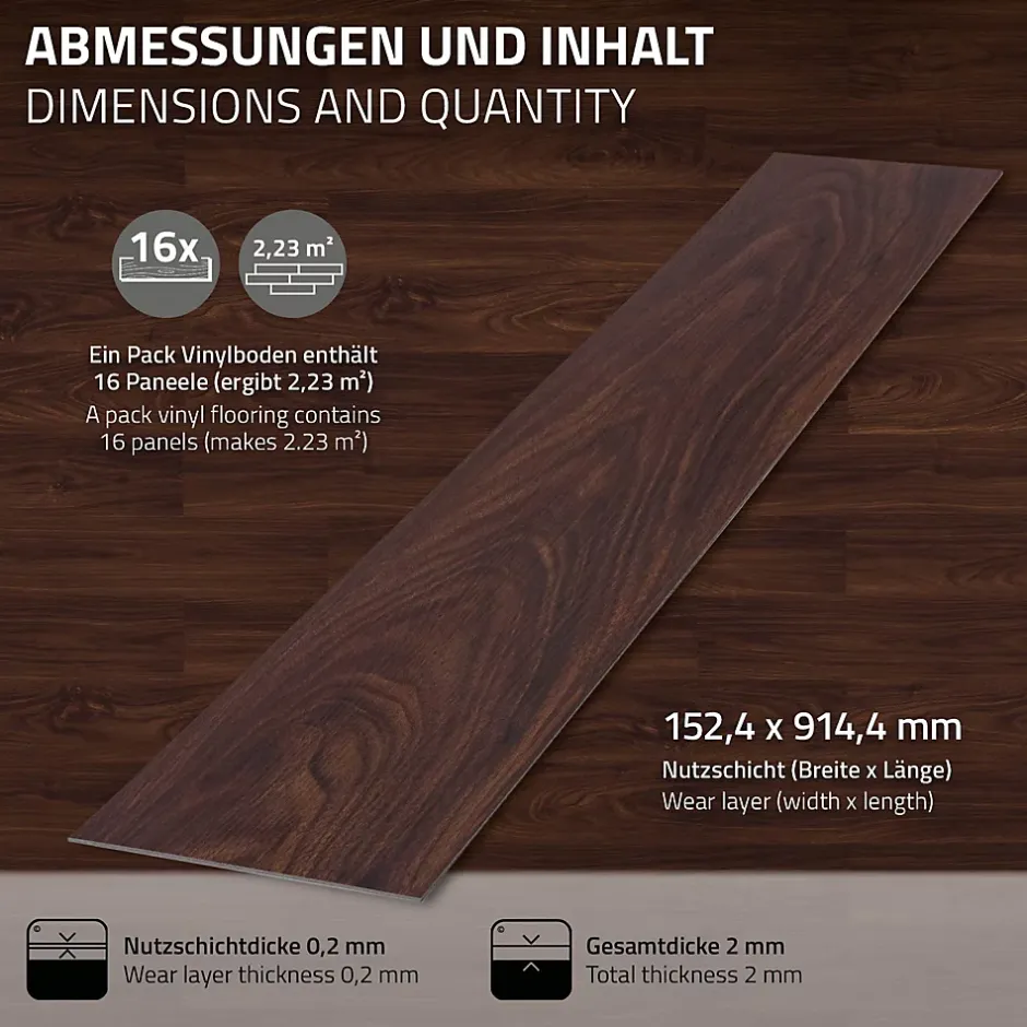 Ml-Design Revêtement de sol autocollant PVC 6,69m²/48 planches 91,5x15,3cm rouge-brun aspect noyer