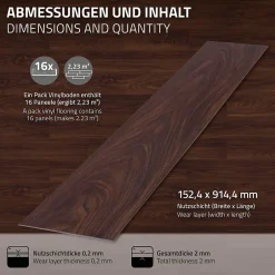 Revêtement de sol autocollant PVC 11,15m²/80 planches 91,5x15,3cm rouge-brun aspect noyer-Ml-Design