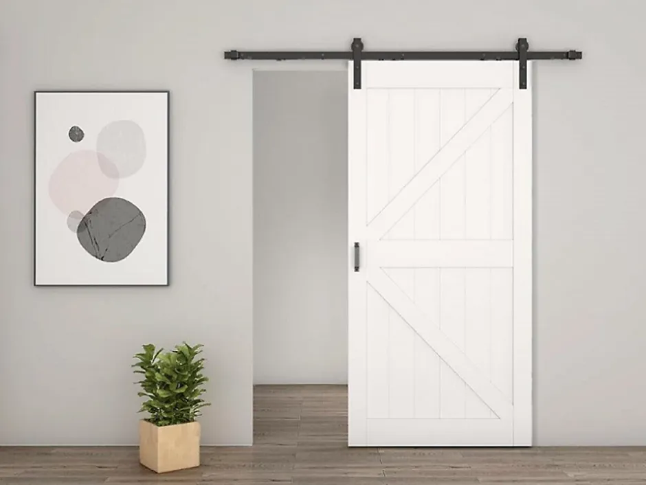 Schulte porte coulissante complète en bois - 90x215cm - porte de grange - chêne - oak blanc - système ouvert noir