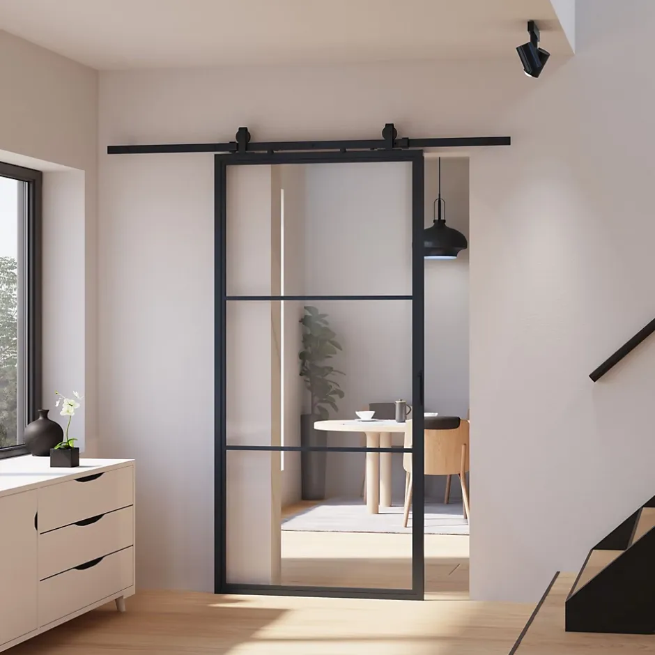 Schulte porte coulissante complète en verre - 102x220cm - porte verrière - Loftstyle - noir- double softclose