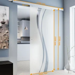 Schulte porte coulissante complète - verre - 102x220cm - décor vagues- poignée ronde + double amortisseur softclose