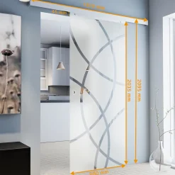 porte coulissante complète - verre - 88x203cm - décor cercles - poignée ronde + softclose-Schulte