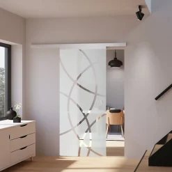 porte coulissante complète- verre - 88x203cm - porte vitrée - décor cercles - poignée cuvette ronde-Schulte Outlet