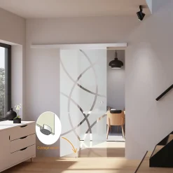 porte coulissante complète- verre - 88x203cm - porte vitrée - décor cercles - poignée cuvette ronde-Schulte Outlet