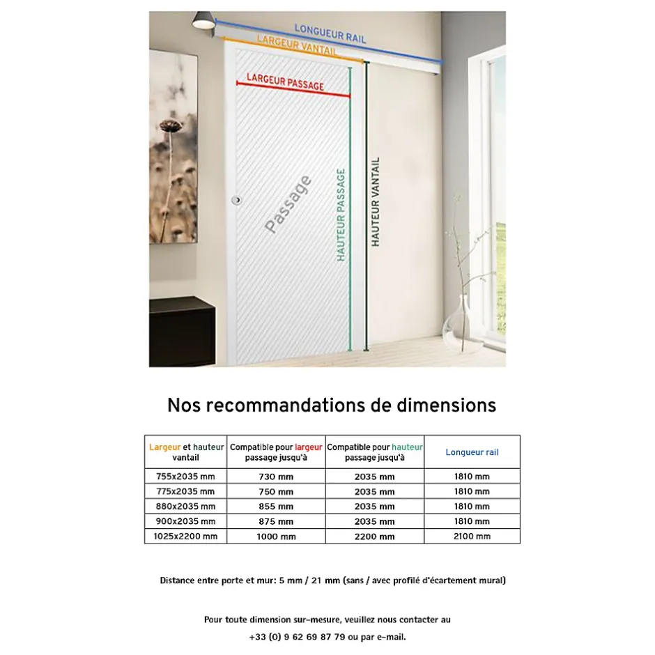 porte coulissante complète bois -102x220cm - bois blanc - poignée cuvette ronde + double softclose-Schulte Outlet