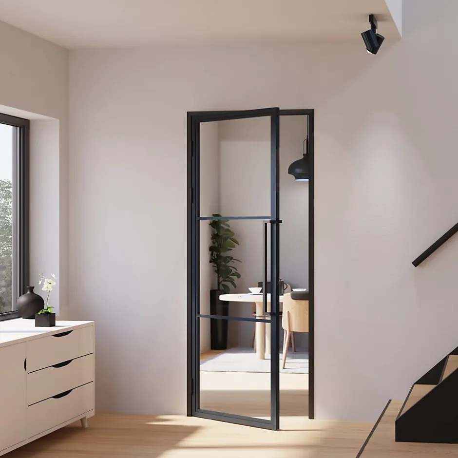 porte intérieure loft en verre - 83x204 atelier - noir mat - transparent - verrière - 3 vitrages - charnière gauche-Schulte Clearance