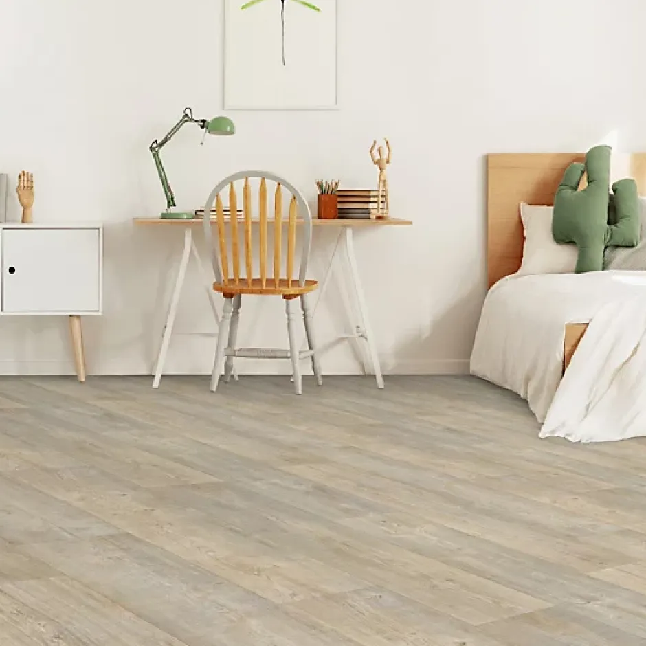 Décoweb Sol Lino - Imitation parquet bois blanc vieilli - Rouleau de 4m x 5m
