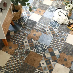 Tarkett Sol PVC - Carreaux Art Déco - Marron et Bleu Gris - Rouleau de 4m x 5m