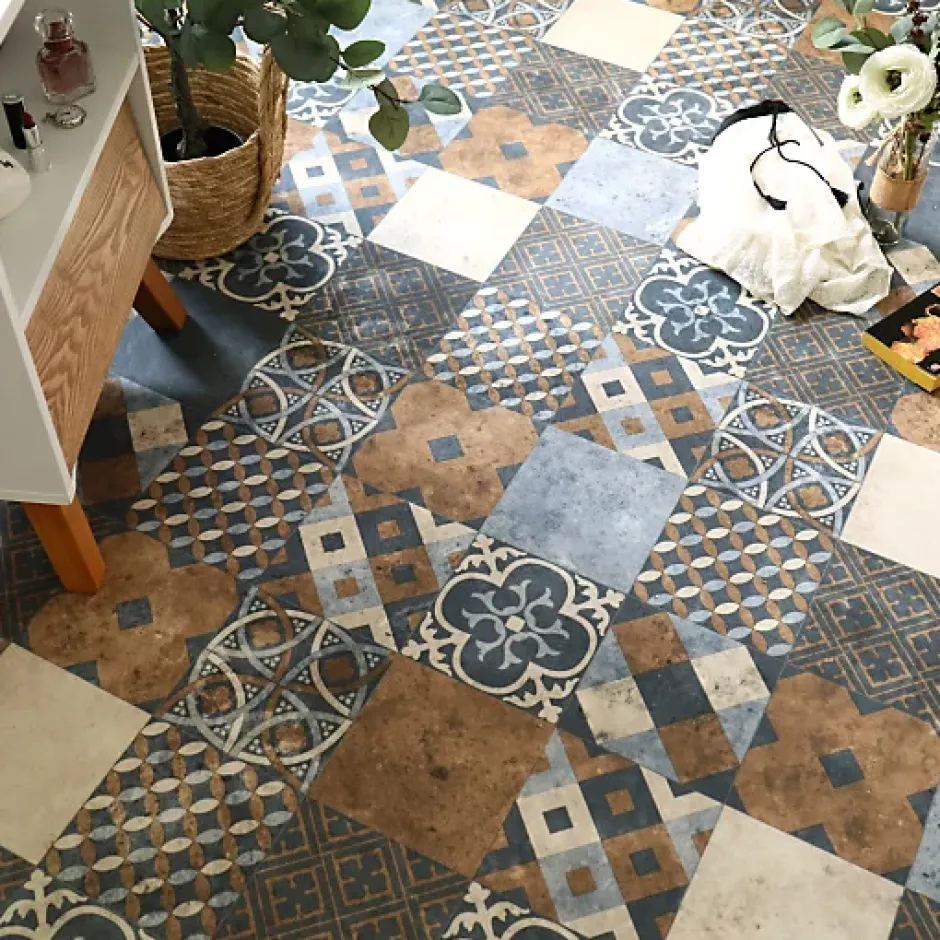 Tarkett Sol PVC - Carreaux Art Déco - Marron et Bleu Gris - Rouleau de 4m x 5m