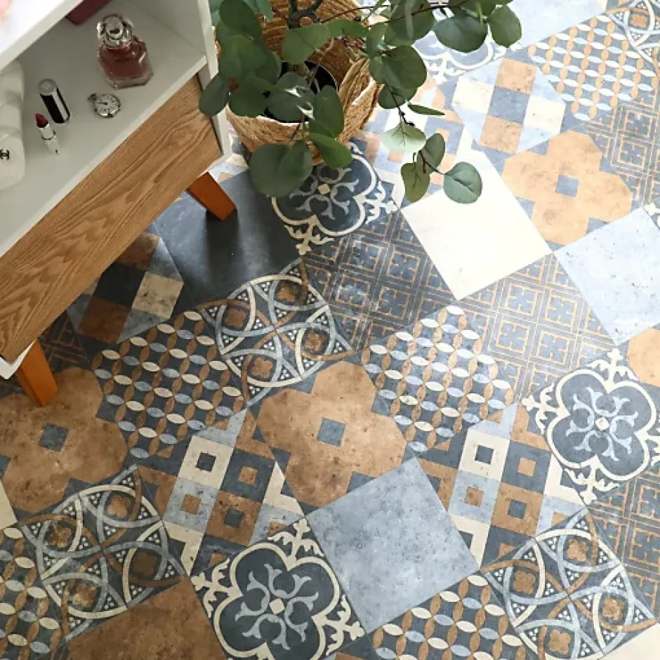 Tarkett Sol PVC - Carreaux Art Déco - Marron et Bleu Gris - Rouleau de 4m x 5m