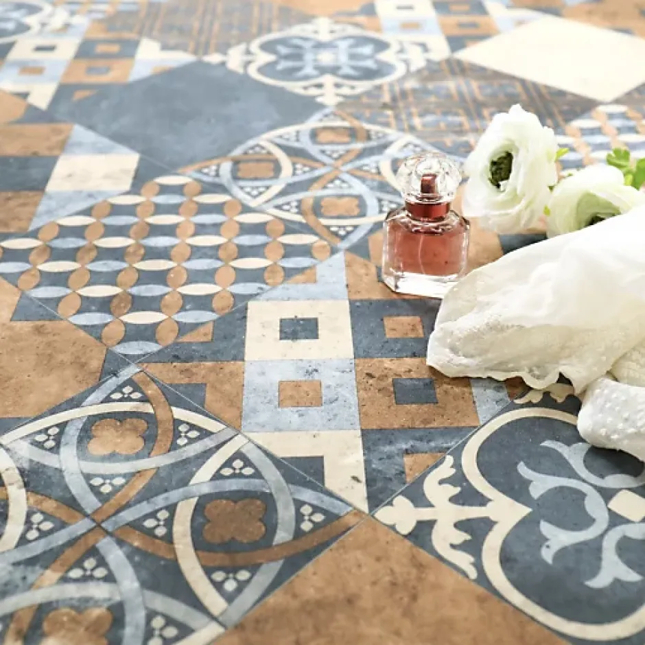 Tarkett Sol PVC - Carreaux Art Déco - Marron et Bleu Gris - Rouleau de 4m x 5m