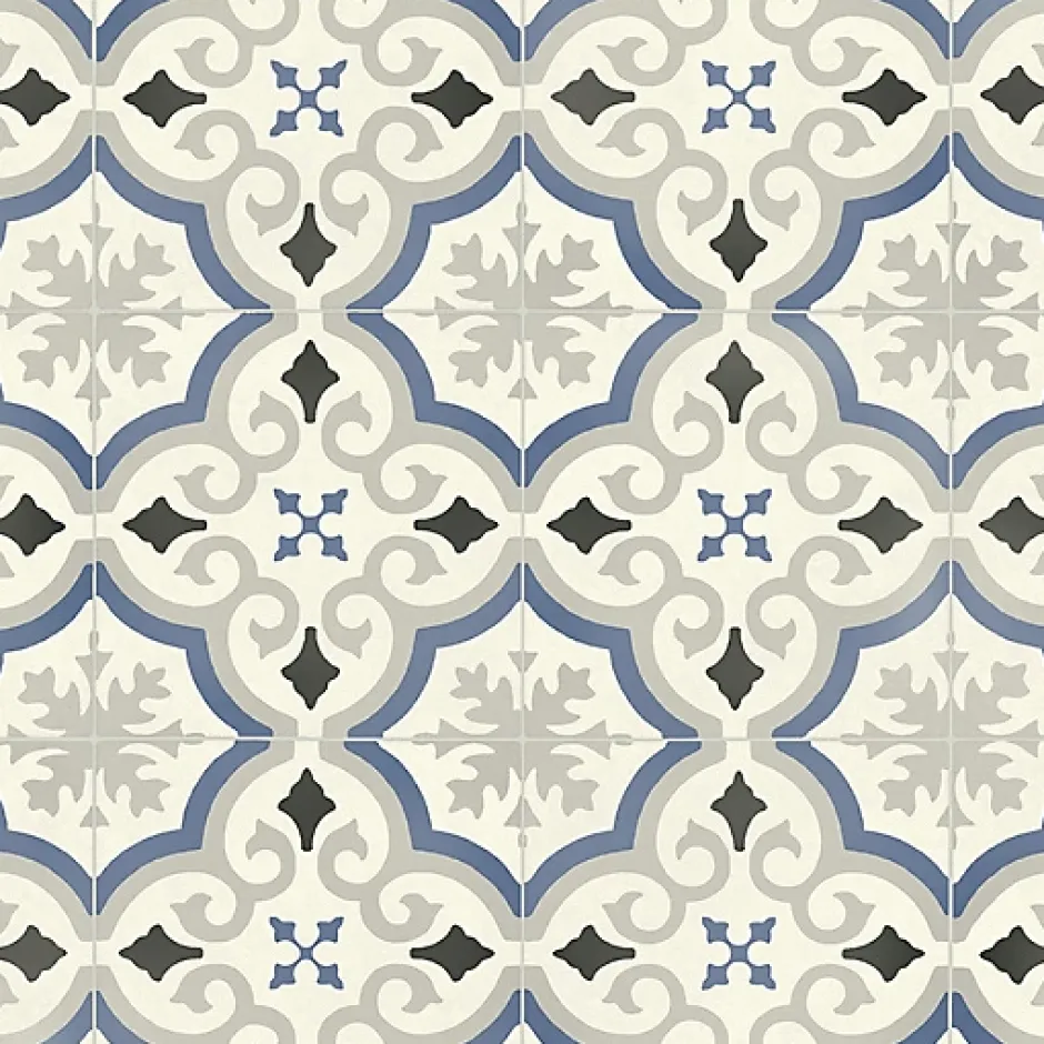 Décoweb Sol PVC Textile motif carreaux de ciment Bleu et gris - Echantillon 15 x 20 cm