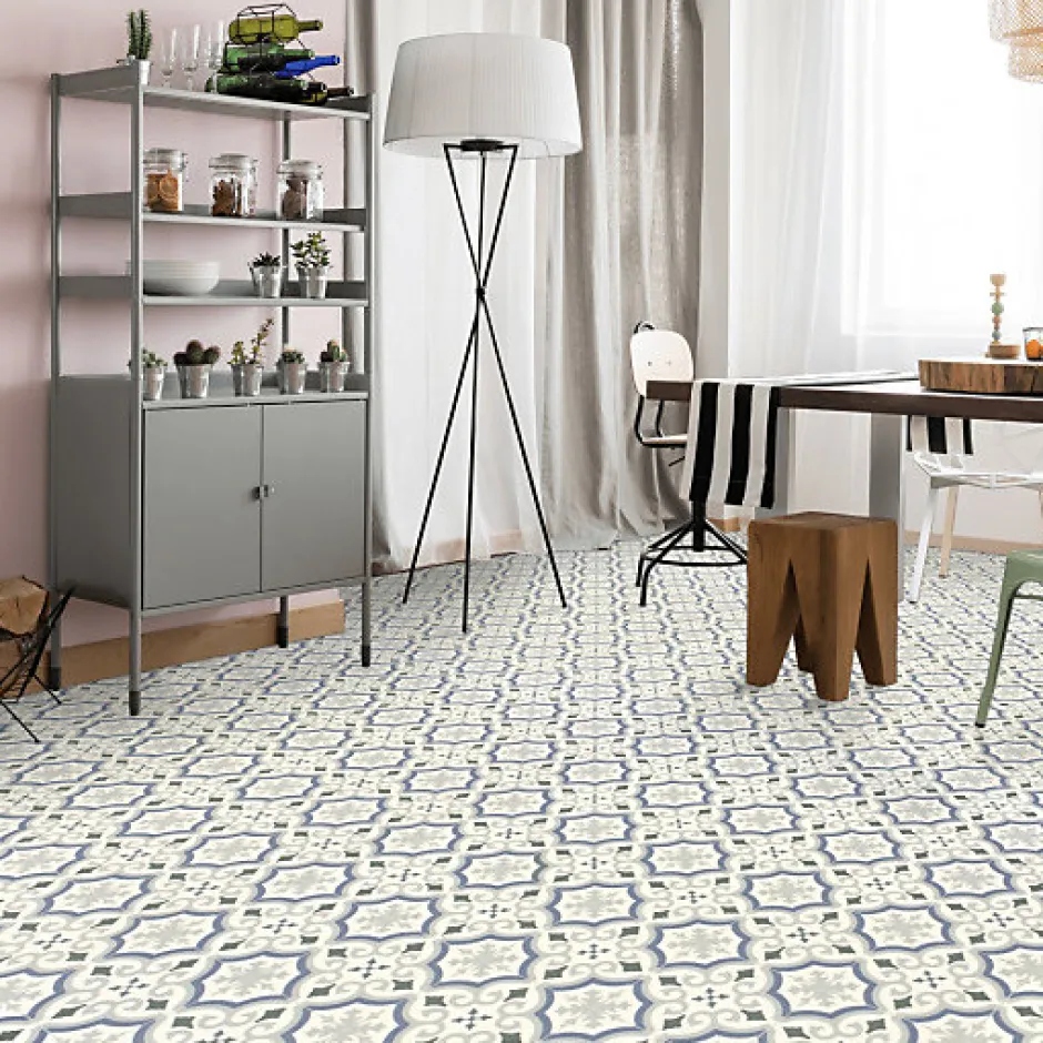 Décoweb Sol PVC Textile motif carreaux de ciment Bleu et gris - Echantillon 15 x 20 cm