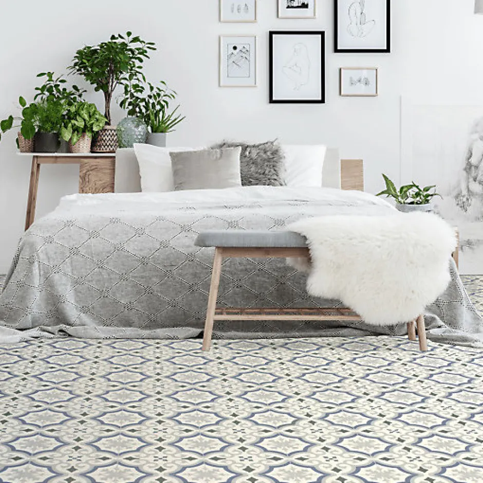 Décoweb Sol PVC Textile motif carreaux de ciment Bleu et gris - Echantillon 15 x 20 cm