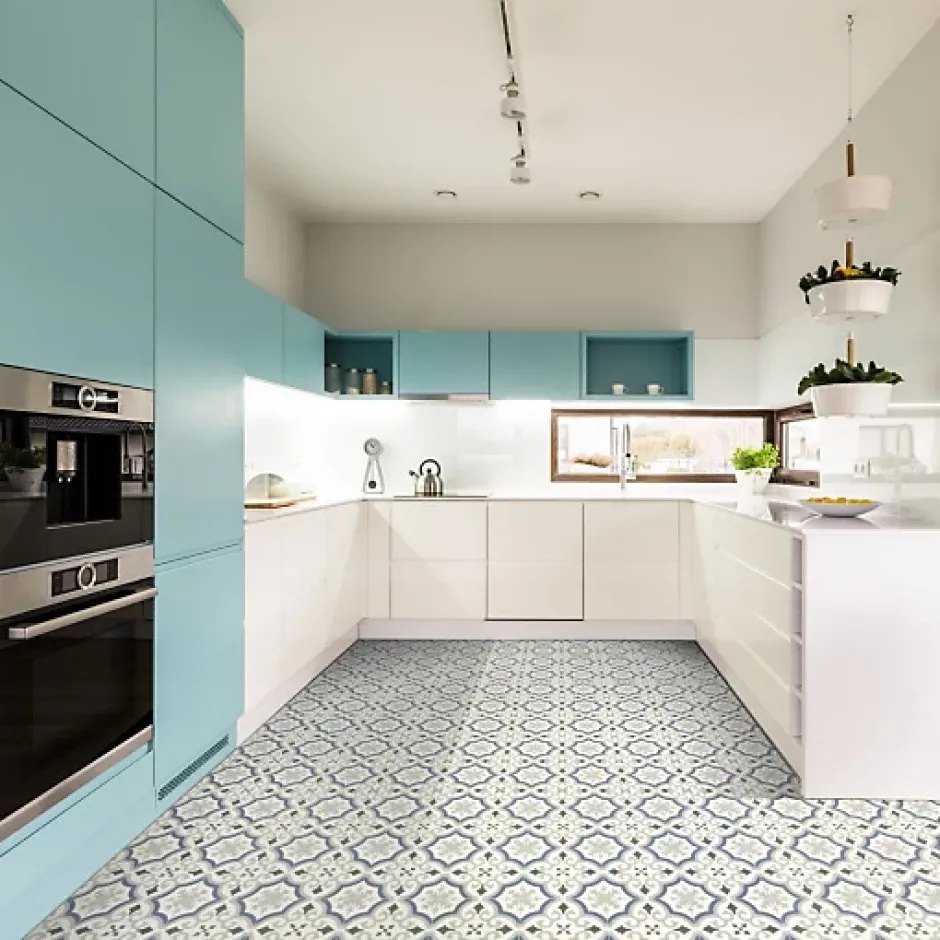 Décoweb Sol PVC Textile motif carreaux de ciment Bleu et gris - Echantillon 15 x 20 cm