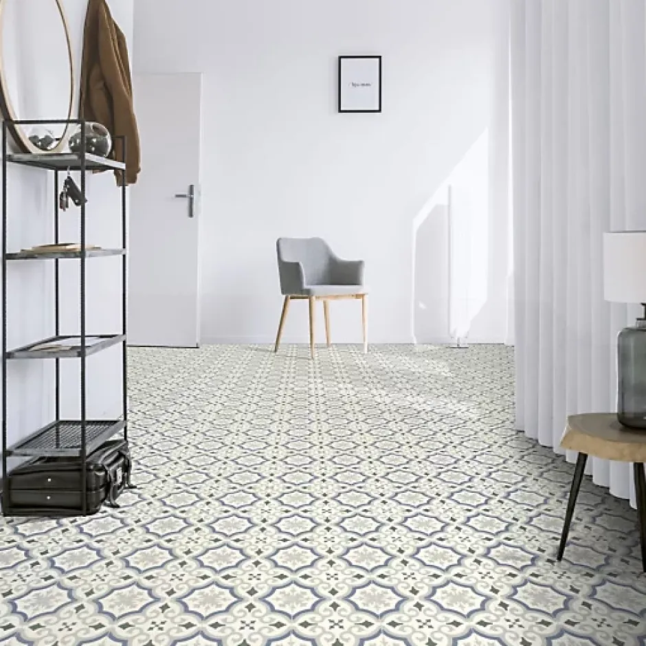 Décoweb Sol PVC Textile motif carreaux de ciment Bleu et gris - Echantillon 15 x 20 cm