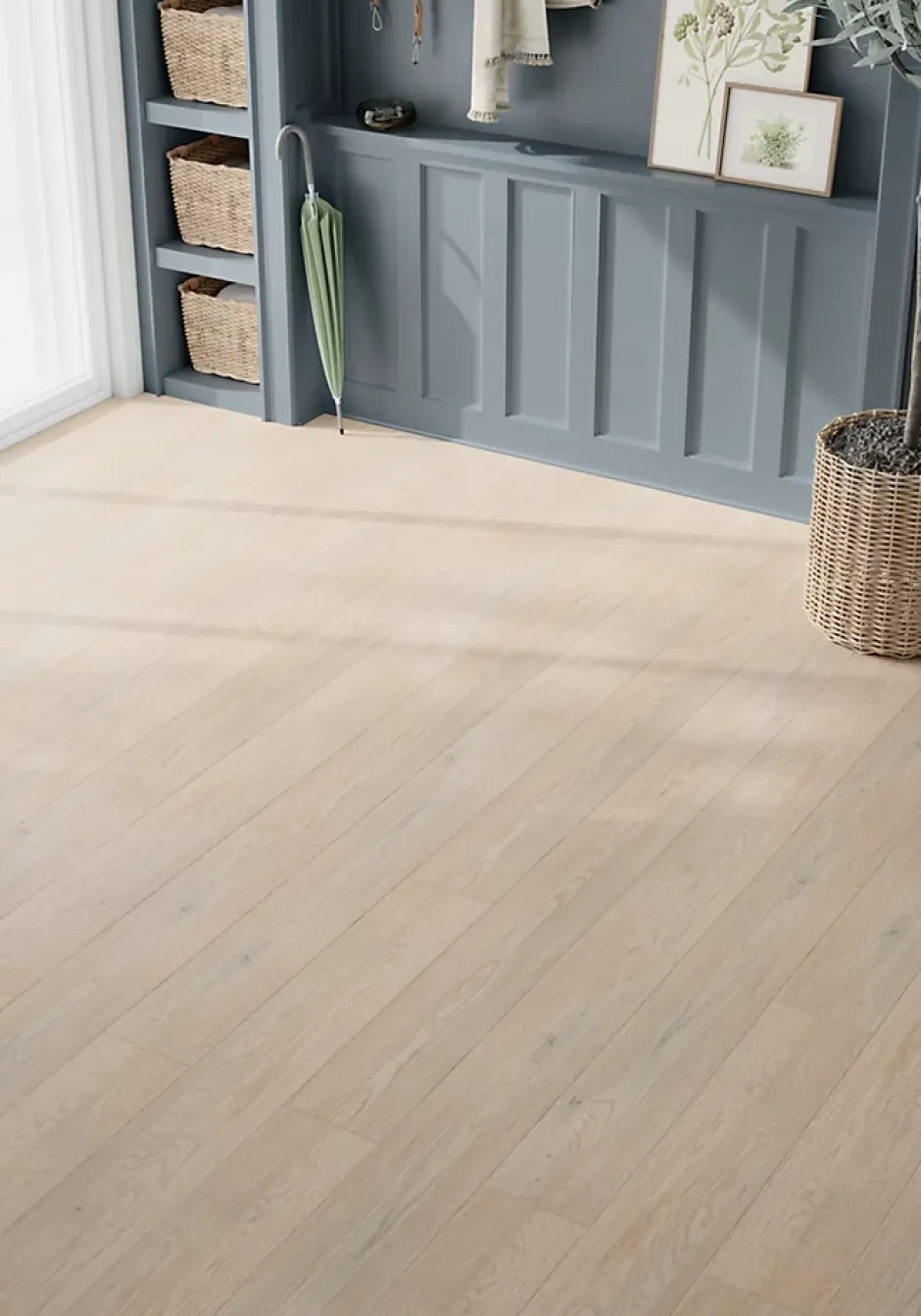 GoodHome Sol stratifié Amande , passage intense AC5, effet chêne grisé, L.138,3 cm x l.19,3 cm x ép.8 mm, résistant à l'eau