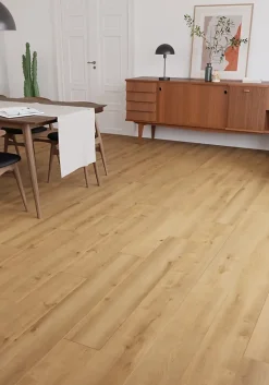 GoodHome Sol stratifié Byrd , passage intense AC5, effet chêne miel, L.125,7 cm x l.19,2 cm x ép.10 mm, résistant à l'eau