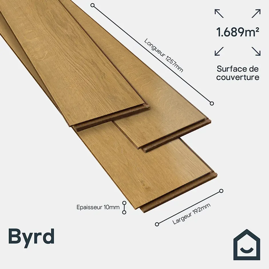 GoodHome Sol stratifié Byrd , passage intense AC5, effet chêne miel, L.125,7 cm x l.19,2 cm x ép.10 mm, résistant à l'eau