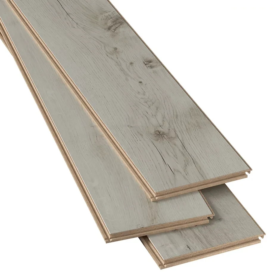 GoodHome Sol stratifié clipsable Bexhill chêne blanc passage élévé AC4 ép.8 mm