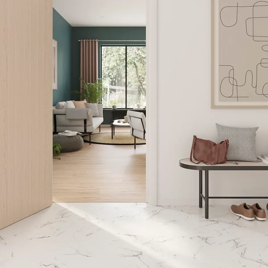 Sol stratifié clipsable Elegance aspect marbre blanc 8 mm compatible pièces humides-GoodHome Discount