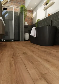 GoodHome Sol stratifié Collville , passage intense AC5, effet chêne brun foncé, L.129 cm x l.19,3 cm x ép.8 mm, résistant à l'eau