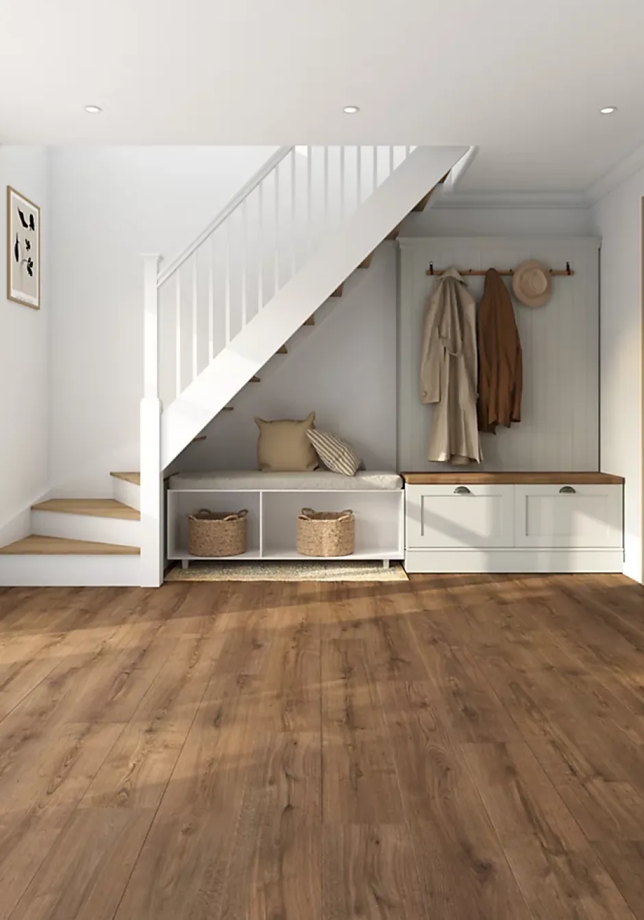 GoodHome Sol stratifié Collville , passage intense AC5, effet chêne brun foncé, L.129 cm x l.19,3 cm x ép.8 mm, résistant à l'eau