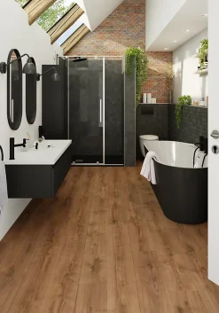 GoodHome Sol stratifié Collville , passage intense AC5, effet chêne brun foncé, L.129 cm x l.19,3 cm x ép.8 mm, résistant à l'eau