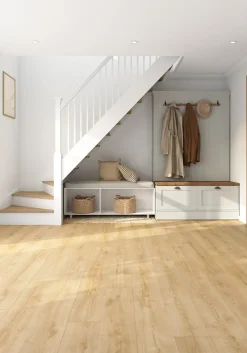 GoodHome Sol stratifié Colville , passage intense AC5, effet chêne blond, L.129 cm x l.19,3 cm x ép.8 mm, résistant à l'eau