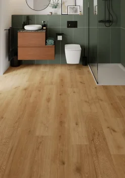 Sol stratifié Cortland , passage élevé AC4, effet chêne miel, L.128,5 cm x l.19,2 cm x ép.8 mm, résistant à l'eau-GoodHome Online