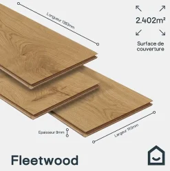 GoodHome Sol stratifié Fleetwood , passage élevé AC4, effet chêne miel, L.138,3 cm x l.19,3 cm x ép.8 mm