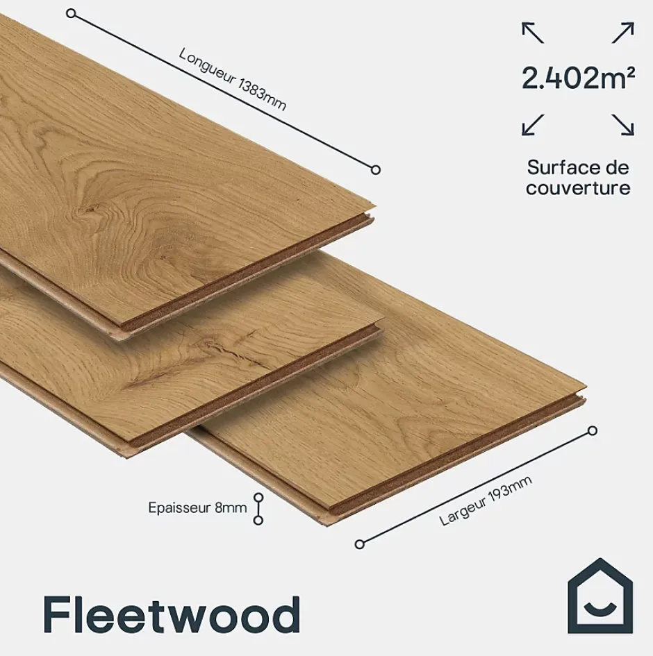GoodHome Sol stratifié Fleetwood , passage élevé AC4, effet chêne miel, L.138,3 cm x l.19,3 cm x ép.8 mm