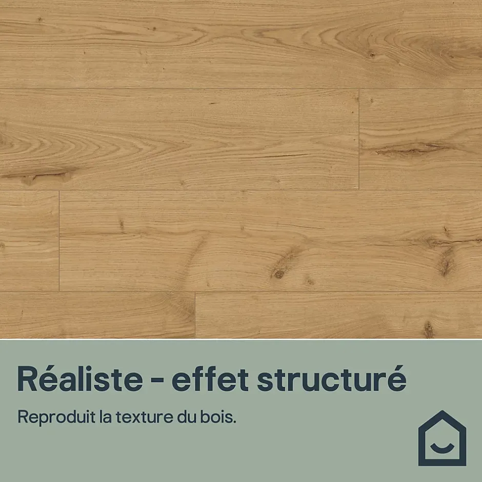 GoodHome Sol stratifié Fleetwood , passage élevé AC4, effet chêne miel, L.138,3 cm x l.19,3 cm x ép.8 mm