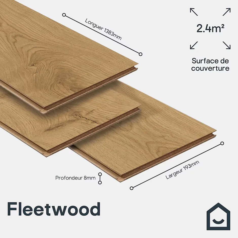GoodHome Sol stratifié Fleetwood , passage élevé AC4, effet chêne miel, L.138,3 cm x l.19,3 cm x ép.8 mm