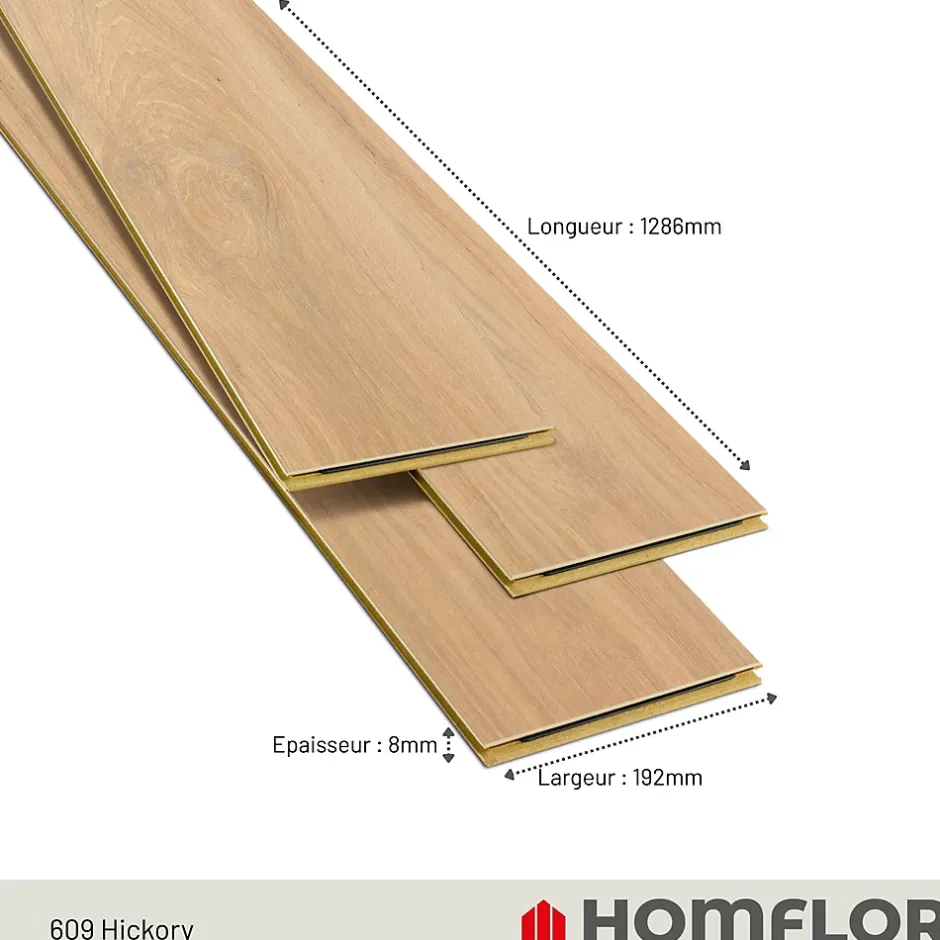Sol stratifié Hickory yellowstone , passage extrême AC6, effet bois Hickory blond, L.128,6 cm x l.21,4 cm x ép.10 mm, résistant à l'eau-Homflor Clearance
