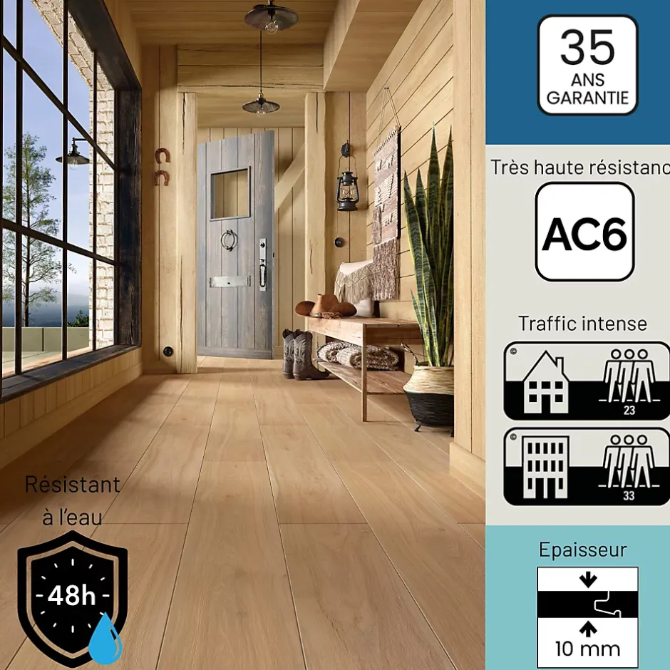 Sol stratifié Hickory yellowstone , passage extrême AC6, effet bois Hickory blond, L.128,6 cm x l.21,4 cm x ép.10 mm, résistant à l'eau-Homflor Clearance