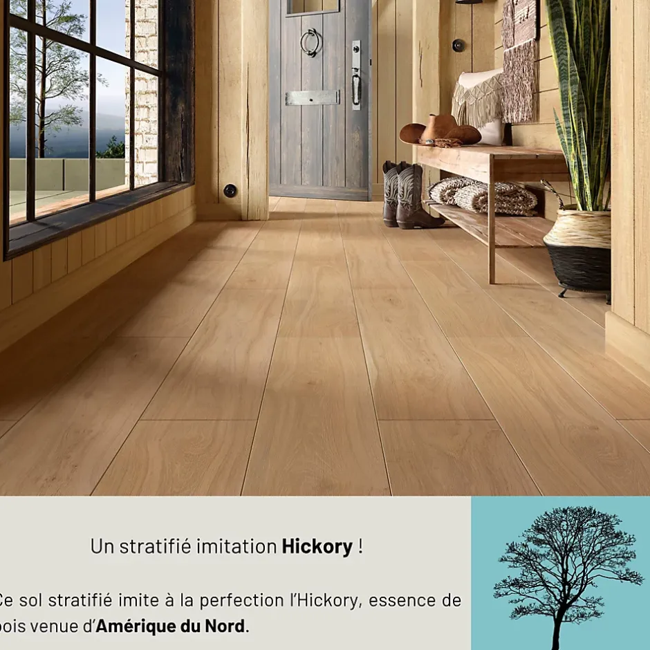 Sol stratifié Hickory yellowstone , passage extrême AC6, effet bois Hickory blond, L.128,6 cm x l.21,4 cm x ép.10 mm, résistant à l'eau-Homflor Clearance