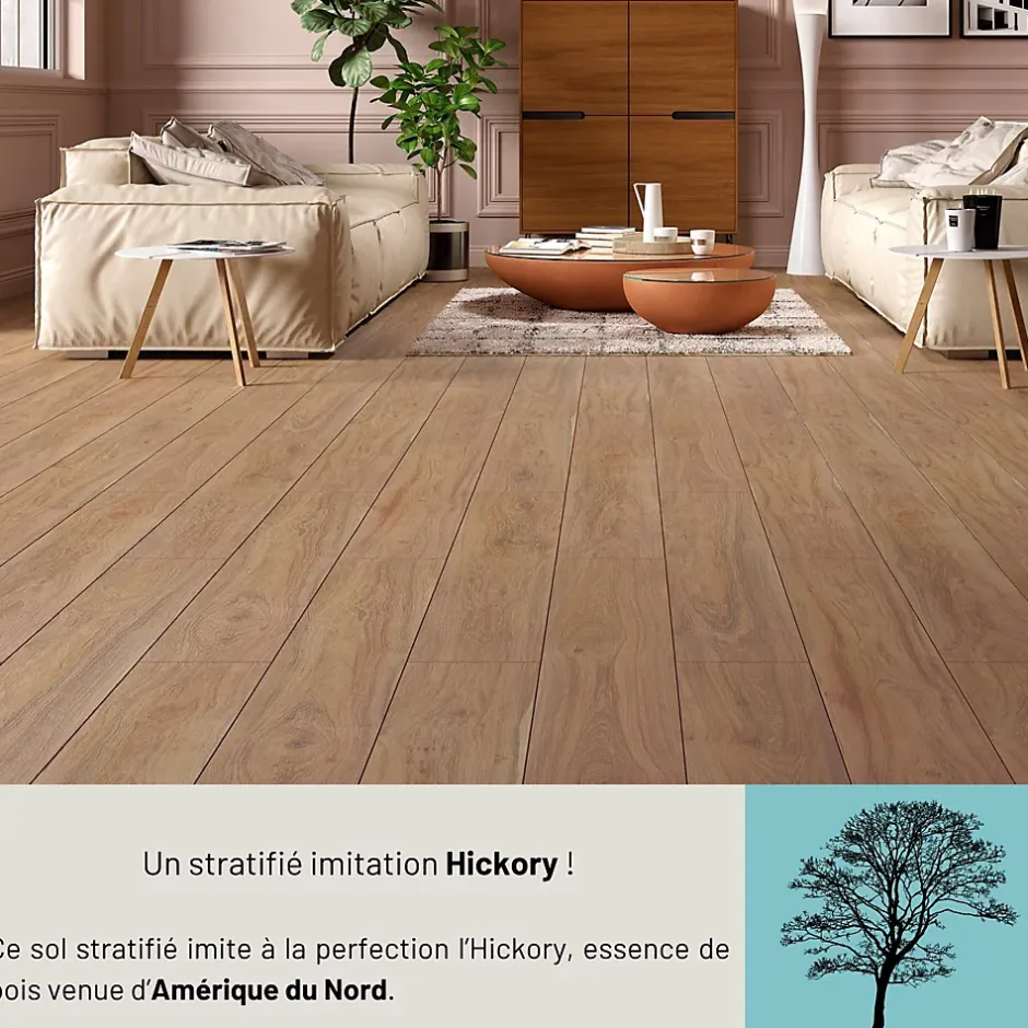 Sol stratifié Hicory carya , passage extrême AC6, effet bois Hickory brun, L.128,6 cm x l.21,4 cm x ép.10 mm, résistant à l'eau-Homflor Clearance