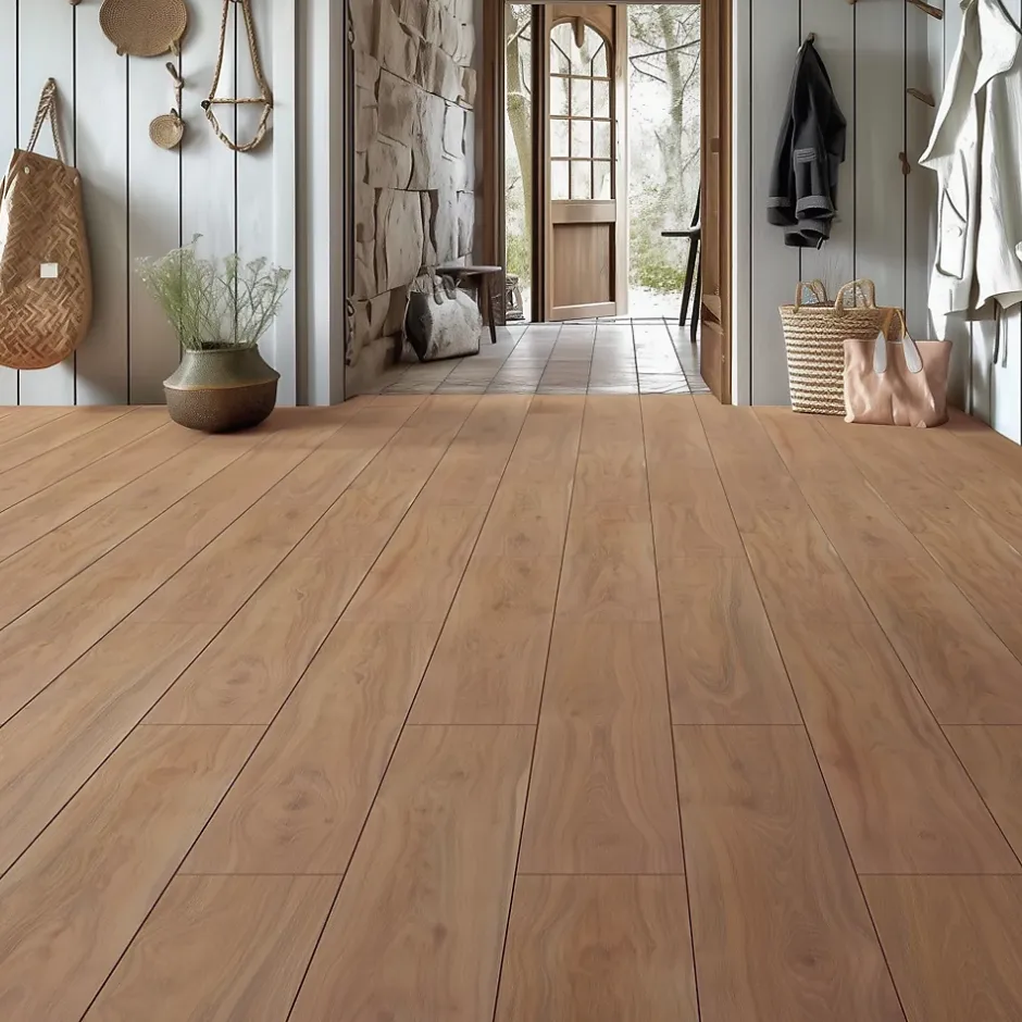 Sol stratifié Hicory carya , passage extrême AC6, effet bois Hickory brun, L.128,6 cm x l.21,4 cm x ép.10 mm, résistant à l'eau-Homflor Clearance