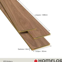 Sol stratifié Hicory carya , passage extrême AC6, effet bois Hickory brun, L.128,6 cm x l.21,4 cm x ép.10 mm, résistant à l'eau-Homflor Clearance
