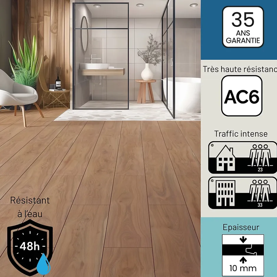 Sol stratifié Hicory carya , passage extrême AC6, effet bois Hickory brun, L.128,6 cm x l.21,4 cm x ép.10 mm, résistant à l'eau-Homflor Clearance