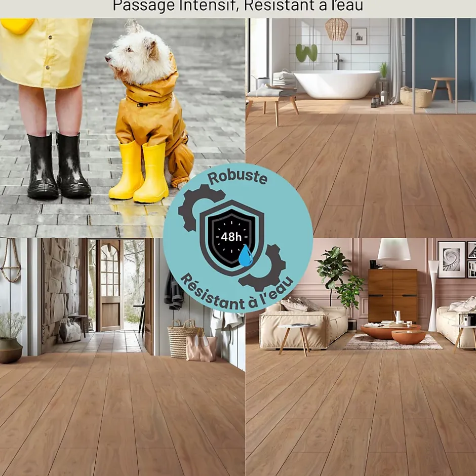 Sol stratifié Hicory carya , passage extrême AC6, effet bois Hickory brun, L.128,6 cm x l.21,4 cm x ép.10 mm, résistant à l'eau-Homflor Clearance