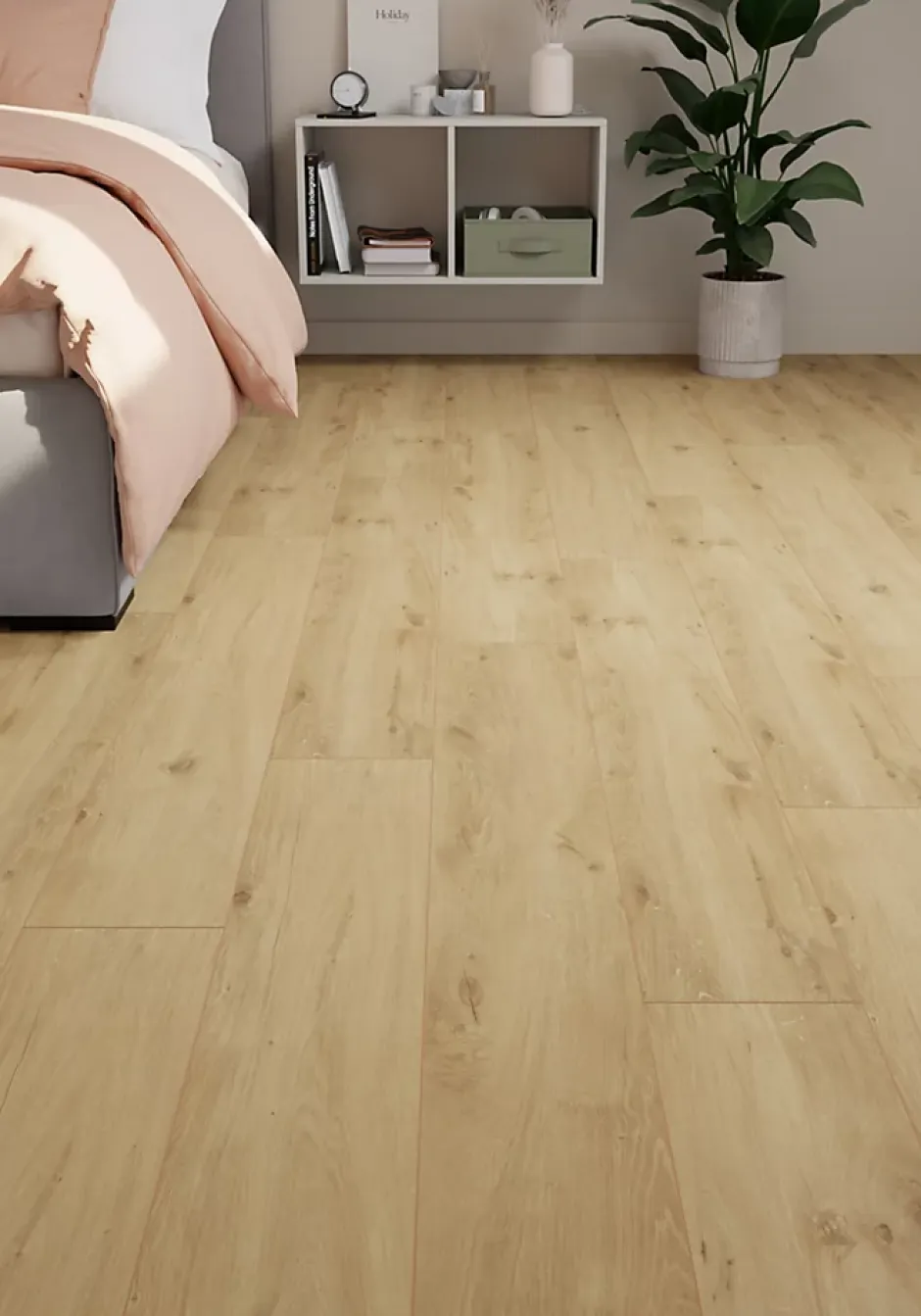 GoodHome Sol stratifié Lulea , passage élevé AC4, effet chêne blond, L.129,2 cm x l.19,3 cm x ép.8 mm