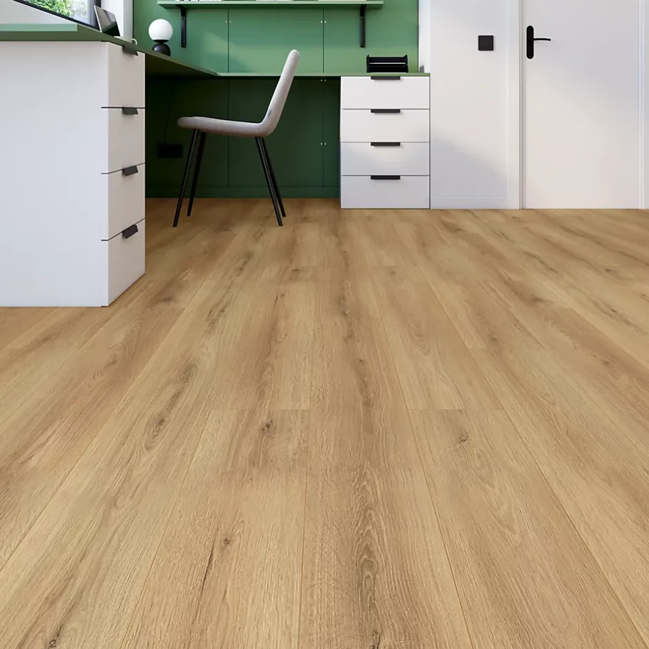 GoodHome Sol stratifié Masterton , passage élevé AC4, effet chêne naturel, L.138,3 cm x l.19,3 cm x ép.8 mm