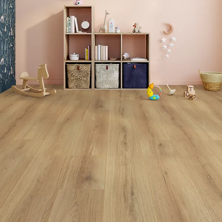 GoodHome Sol stratifié Masterton , passage élevé AC4, effet chêne naturel, L.138,3 cm x l.19,3 cm x ép.8 mm