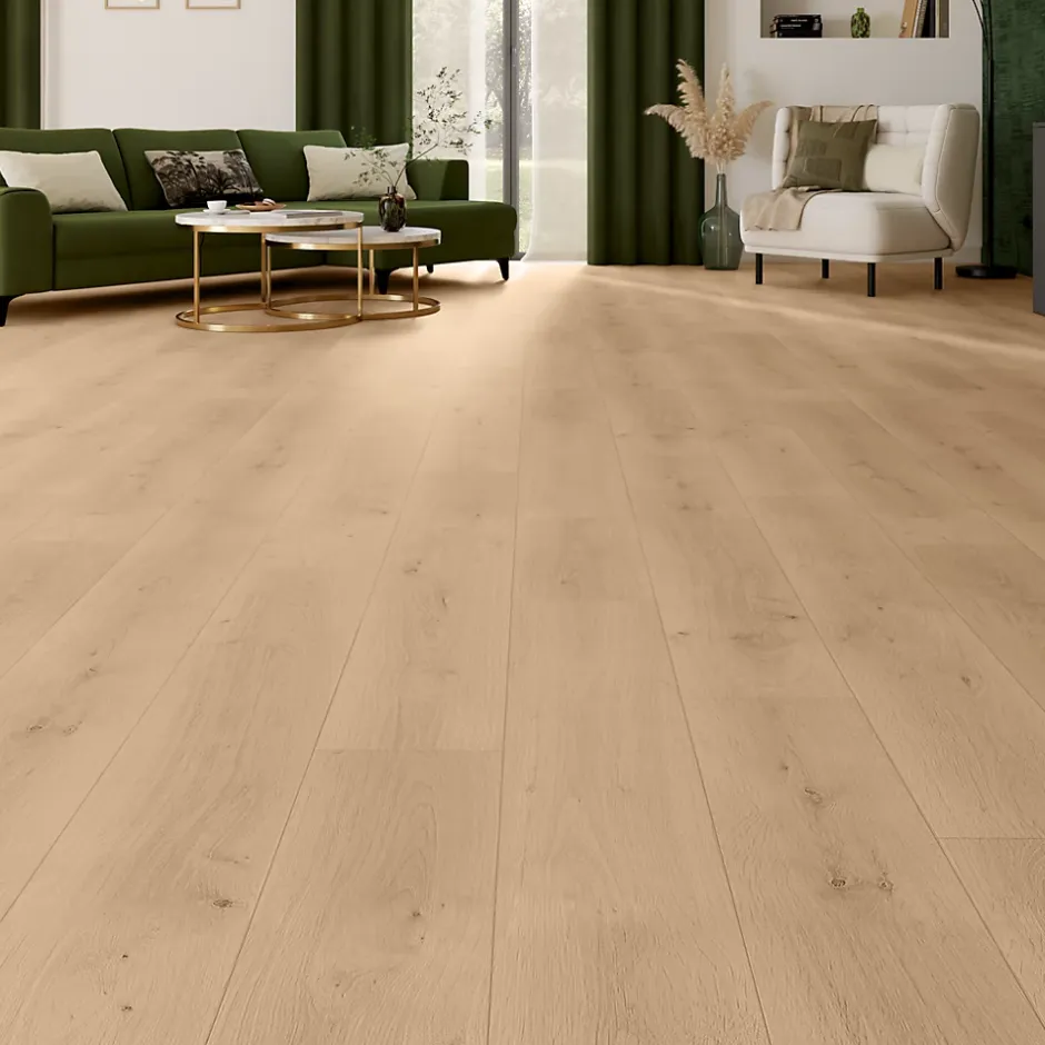 Sol stratifié Randolph , passage intense AC5, effet chêne blond, L.129,2 cm x l.19,3 cm x ép.8 mm-GoodHome Sale