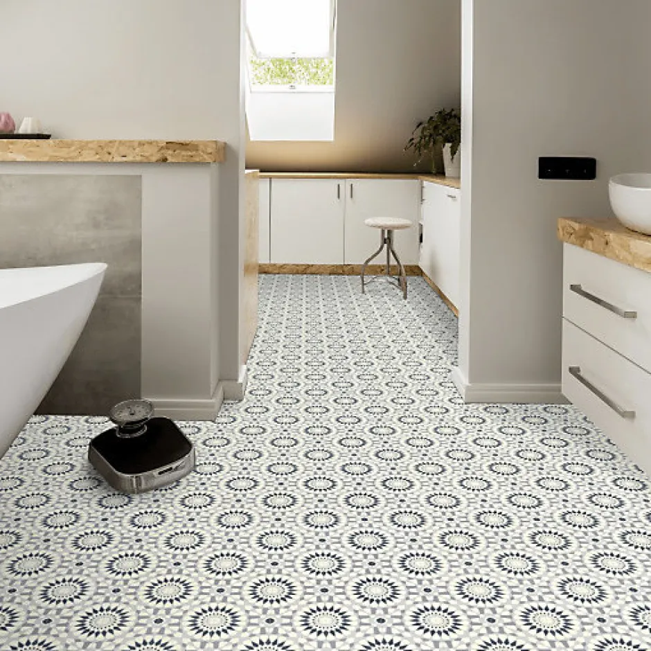 Sol Vinyle Carreaux de ciment mosaïque bleu - Rouleau de 2m x 2m-Décoweb Sale