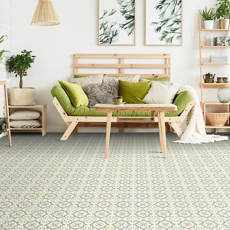 Décoweb Sol Vinyle effet carreaux de ciment Bleu et ocre - Rouleau de 4m x 2m