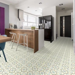 Décoweb Sol Vinyle effet carreaux de ciment Bleu et ocre - Echantillon 15 x 20 cm